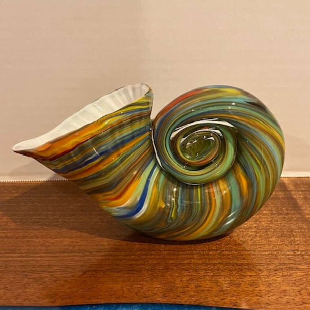 Hand Blown Glass Nautilus Conch Seashell Multicolor Stripe Sculpture Paperweight
